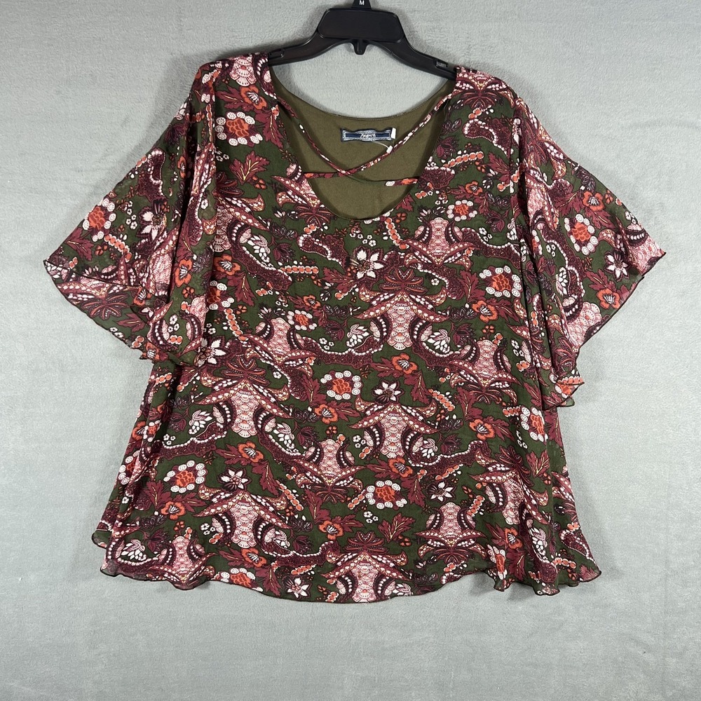 HIGHNESS Women's Plus 2X Green Floral Paisley Ruffle Sleeve Tunic Blouse Top
